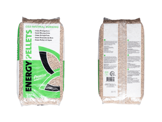 Energy premium bruine houtpellets voor- en achterkant